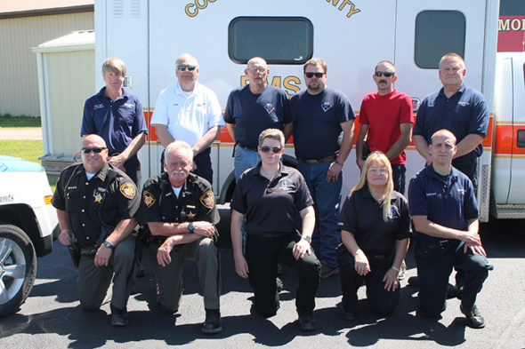 Coshocton County EMS was recently awarded its sixth Star of Life Award in 17 years. They received a plaque for their accomplishment and the other agencies involved with the April 2016 accident that earned them the award were recognized with label pins. Pictured in row one from left are: Coshocton County Sheriff’s Office - Sgt. John Glasure and Deputy Mark Sharrock; Coshocton County EMS – Jennifer Singleton, EMT – Paramedic and Donna Carpenter – EMT Advanced; Coshocton Fire Department – Russell Dreher; back row: Coshocton Fire Department - Capt. Dexter Conkle and Chief Mike Layton; Jackson Township Fire Department – Lt. Keith Krebs, Keith Krebs II, Assistant Chief Dave Foster; and Coshocton Fire Department – Fred Shaw. Not pictured, but also responding to the accident were: Coshocton County EMS – Jon Tanner, EMT – Paramedic, Blaine Schooley, EMT – Paramedic, Emily Stevens – EMT – basic; Jackson Township Fire Department – Capt. Greg Rice, Lt. Lane Teater, Shane Harrah, Rick Williamson, John Rice, Cord Stottemire, Kenny Zigan, Mike Freetage; MedFlight – Mike McCollum, pilot, Streeter Clow, flight nurse, Jeff Parks, flight medic; and Coshocton County Sheriff’s Office – Deputy Ernie Snyder. Contributed | Beacon